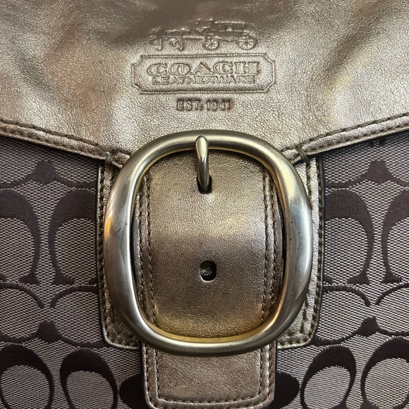 Coach Bleeker Signature Buckle Flap Gold Metallic and Brown Signature Bag - Picture 3 of 15